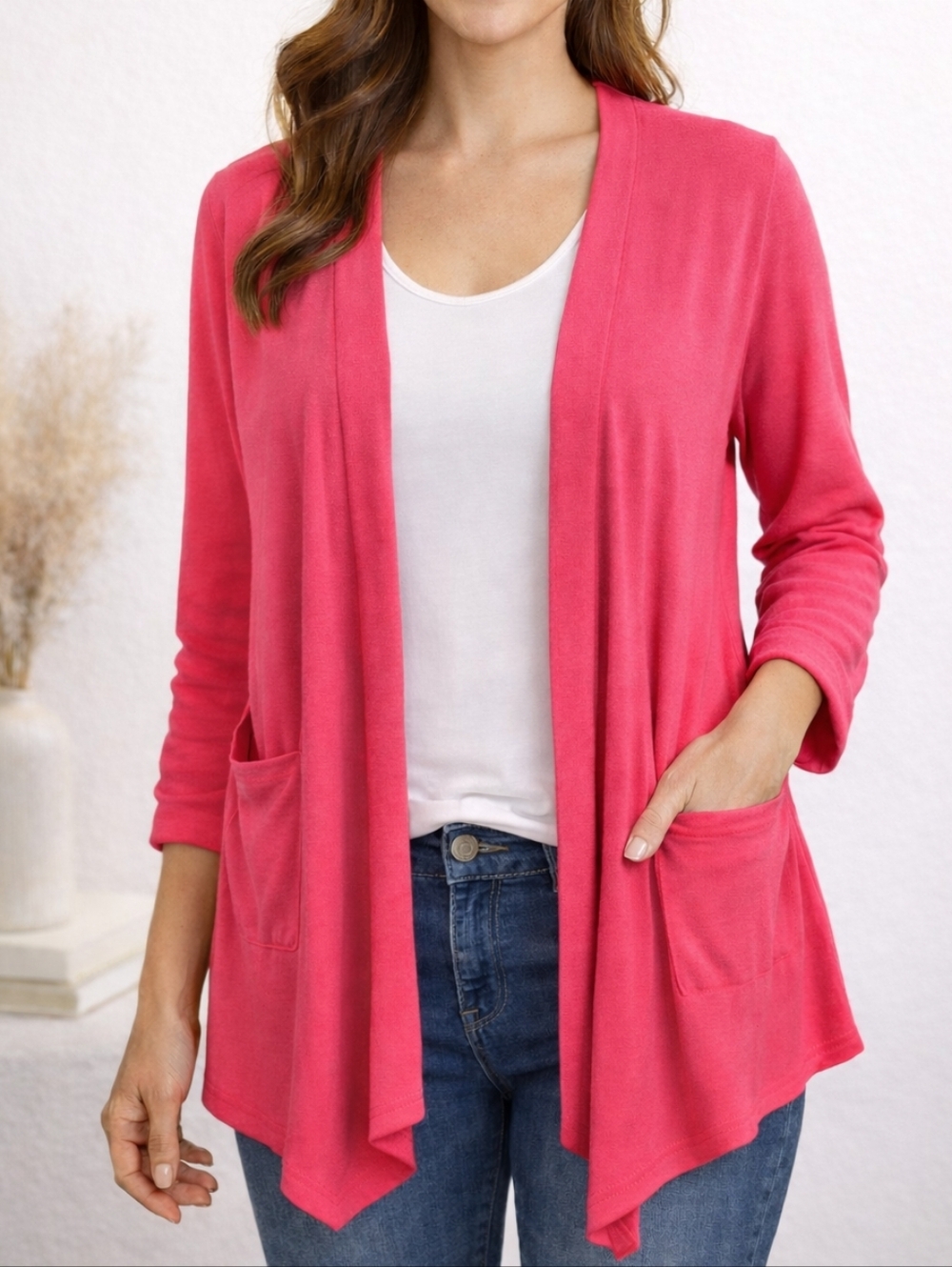 Open-Front Brifht Pink Knit Cardigan